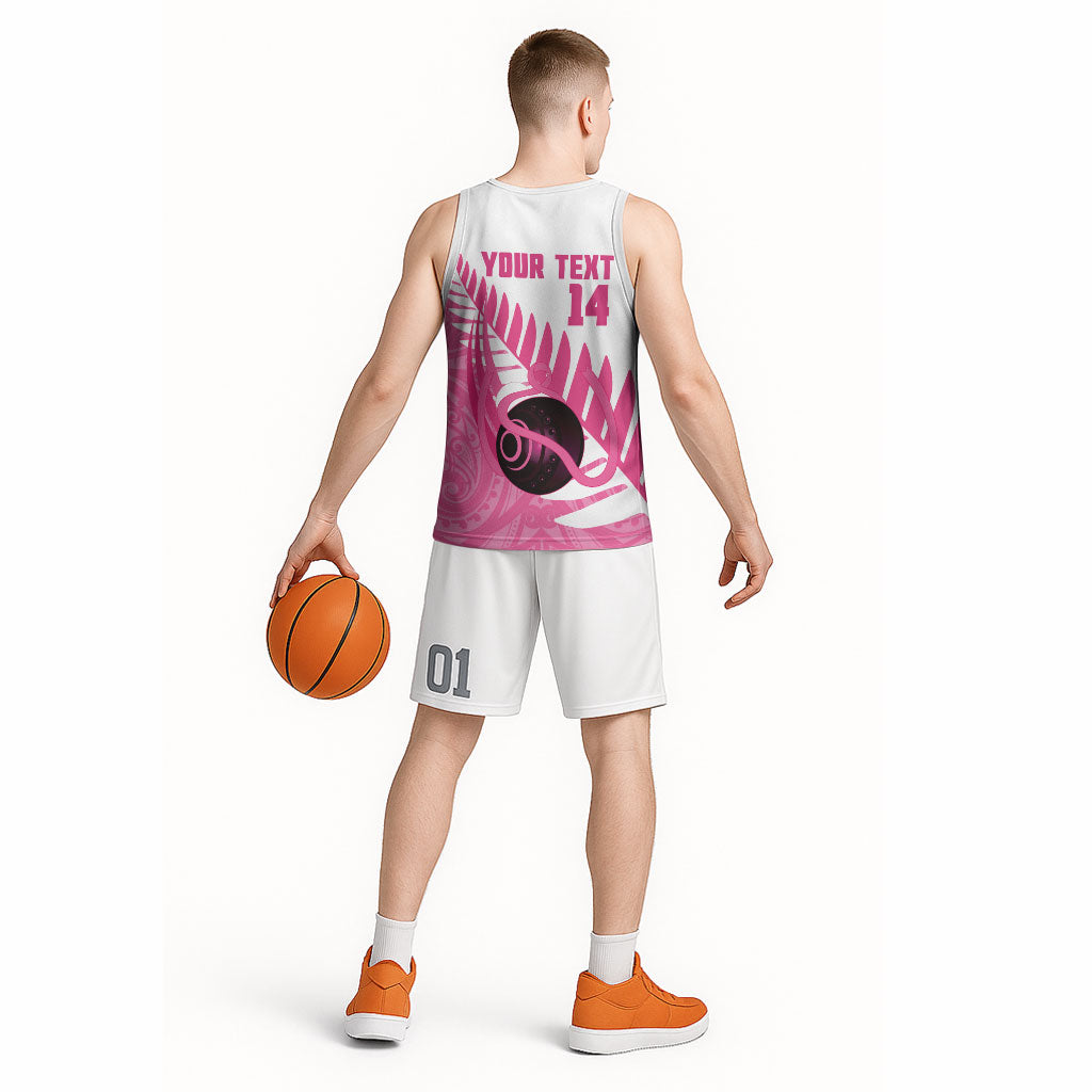 New Zealand Lawn Bowls Breast Cancer Custom Basketball Jersey Aotearoa Maori Silver Fern Pink Ribbon