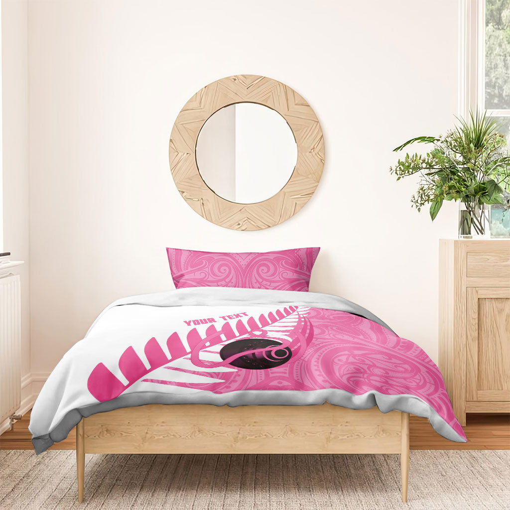 New Zealand Lawn Bowls Breast Cancer Custom Bedding Set Aotearoa Maori Silver Fern Pink Ribbon