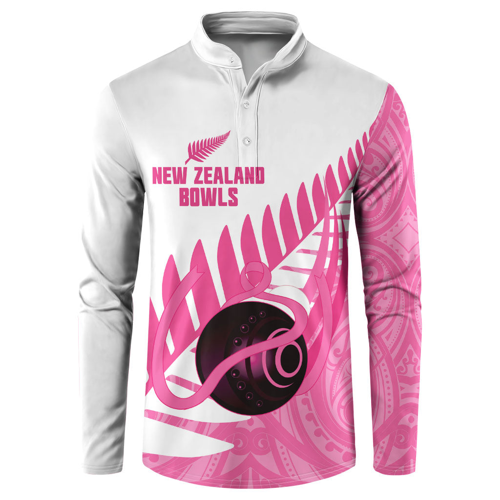 New Zealand Lawn Bowls Breast Cancer Custom Button Sweatshirt Aotearoa Maori Silver Fern Pink Ribbon