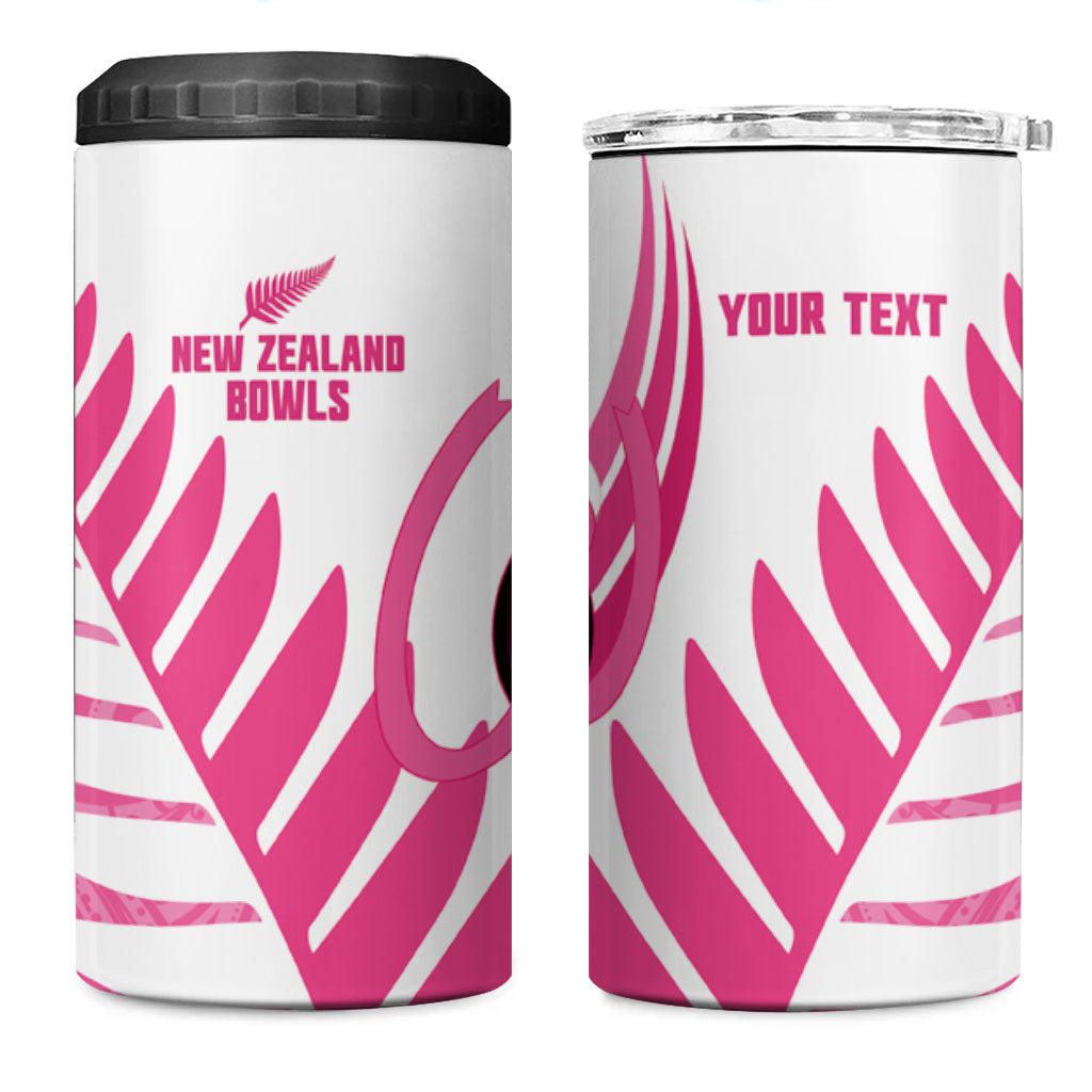 New Zealand Lawn Bowls Breast Cancer Custom 4 in 1 Can Cooler Tumbler Aotearoa Maori Silver Fern Pink Ribbon