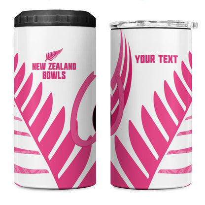 New Zealand Lawn Bowls Breast Cancer Custom 4 in 1 Can Cooler Tumbler Aotearoa Maori Silver Fern Pink Ribbon