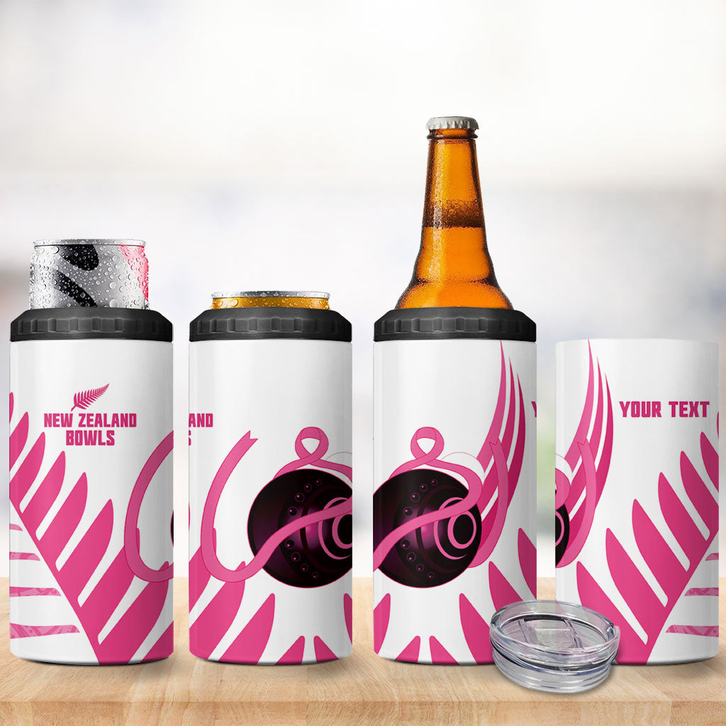 New Zealand Lawn Bowls Breast Cancer Custom 4 in 1 Can Cooler Tumbler Aotearoa Maori Silver Fern Pink Ribbon