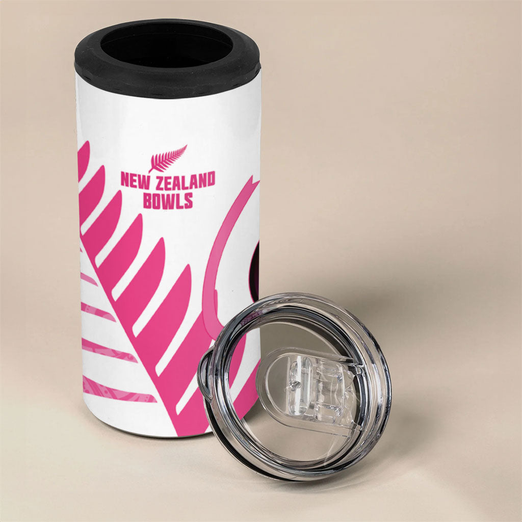 New Zealand Lawn Bowls Breast Cancer Custom 4 in 1 Can Cooler Tumbler Aotearoa Maori Silver Fern Pink Ribbon