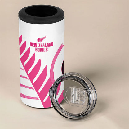 New Zealand Lawn Bowls Breast Cancer Custom 4 in 1 Can Cooler Tumbler Aotearoa Maori Silver Fern Pink Ribbon