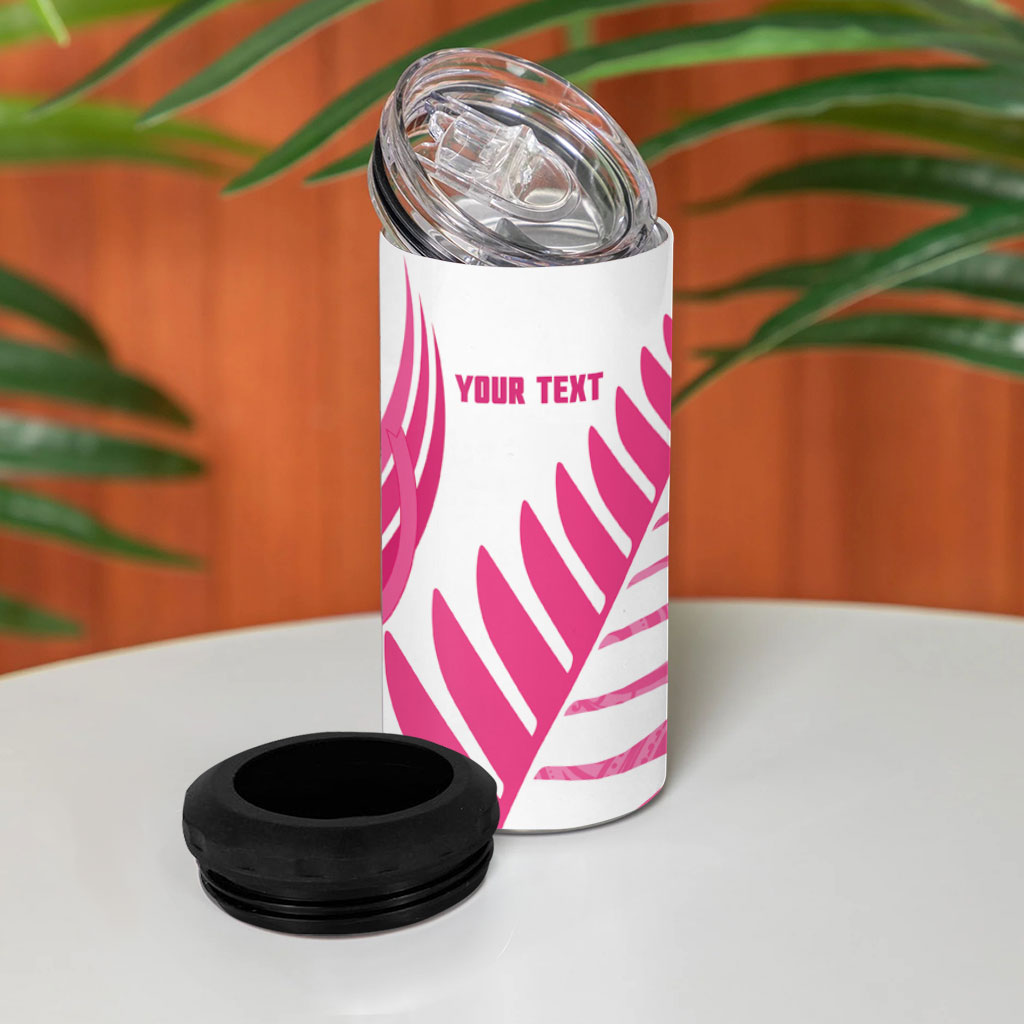 New Zealand Lawn Bowls Breast Cancer Custom 4 in 1 Can Cooler Tumbler Aotearoa Maori Silver Fern Pink Ribbon