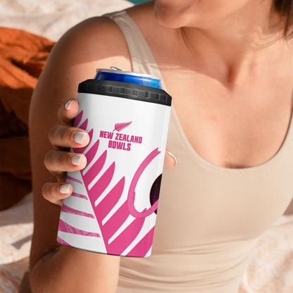New Zealand Lawn Bowls Breast Cancer Custom 4 in 1 Can Cooler Tumbler Aotearoa Maori Silver Fern Pink Ribbon
