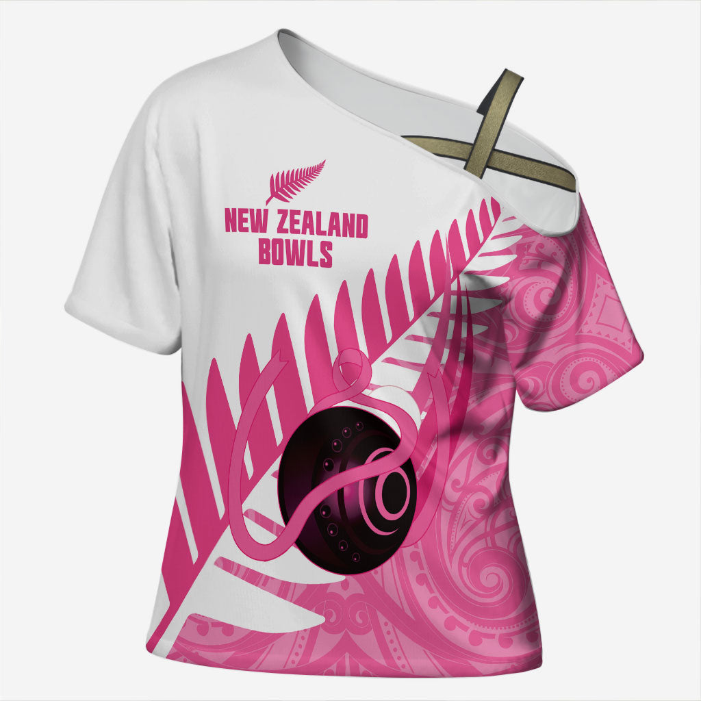 New Zealand Lawn Bowls Breast Cancer Custom Cross Shoulder Shirt Aotearoa Maori Silver Fern Pink Ribbon
