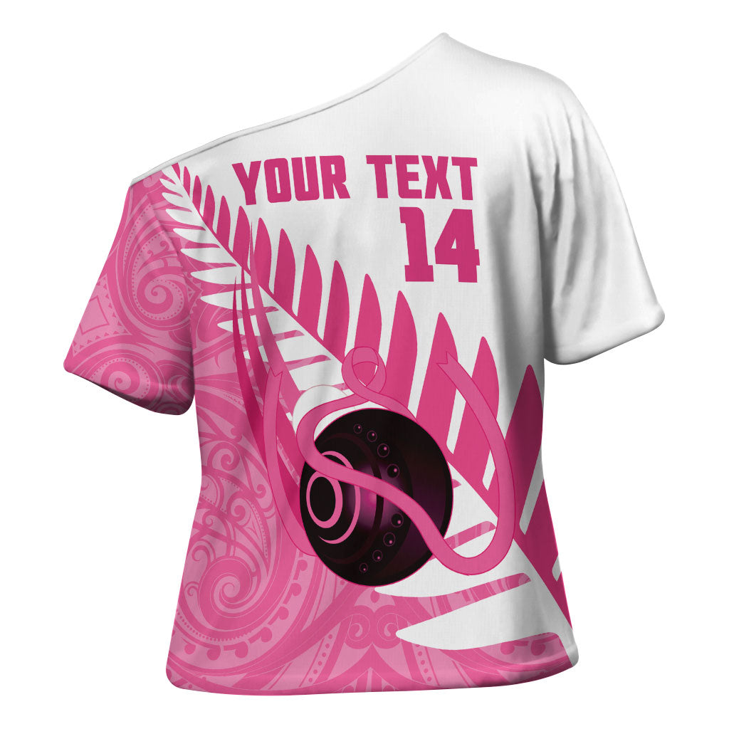 New Zealand Lawn Bowls Breast Cancer Custom Cross Shoulder Shirt Aotearoa Maori Silver Fern Pink Ribbon