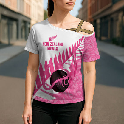 New Zealand Lawn Bowls Breast Cancer Custom Cross Shoulder Shirt Aotearoa Maori Silver Fern Pink Ribbon