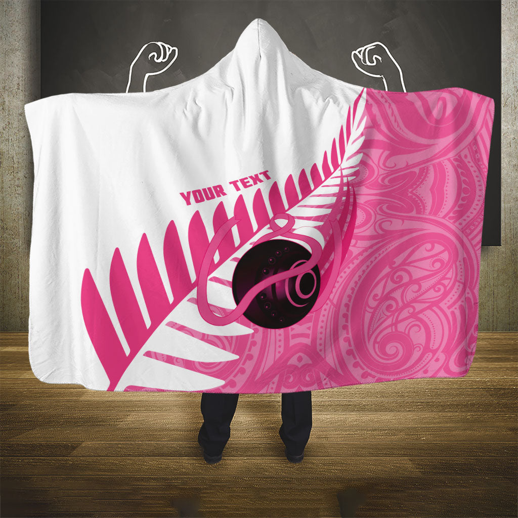 New Zealand Lawn Bowls Breast Cancer Custom Hooded Blanket Aotearoa Maori Silver Fern Pink Ribbon