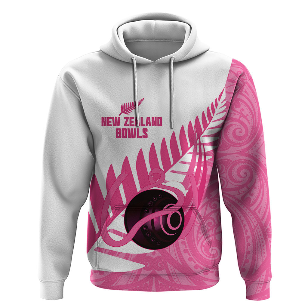 New Zealand Lawn Bowls Breast Cancer Custom Hoodie Aotearoa Maori Silver Fern Pink Ribbon