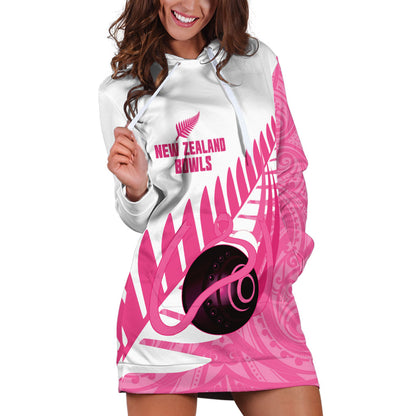 New Zealand Lawn Bowls Breast Cancer Custom Hoodie Dress Aotearoa Maori Silver Fern Pink Ribbon