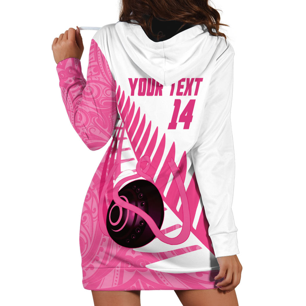 New Zealand Lawn Bowls Breast Cancer Custom Hoodie Dress Aotearoa Maori Silver Fern Pink Ribbon