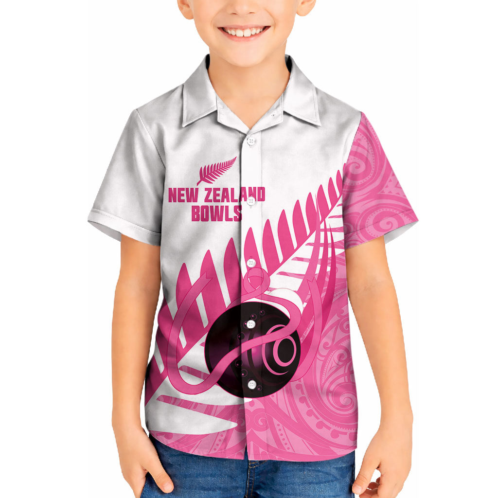 New Zealand Lawn Bowls Breast Cancer Custom Kid Hawaiian Shirt Aotearoa Maori Silver Fern Pink Ribbon