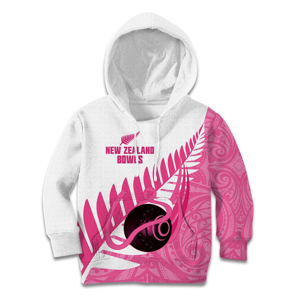 New Zealand Lawn Bowls Breast Cancer Custom Kid Hoodie Aotearoa Maori Silver Fern Pink Ribbon