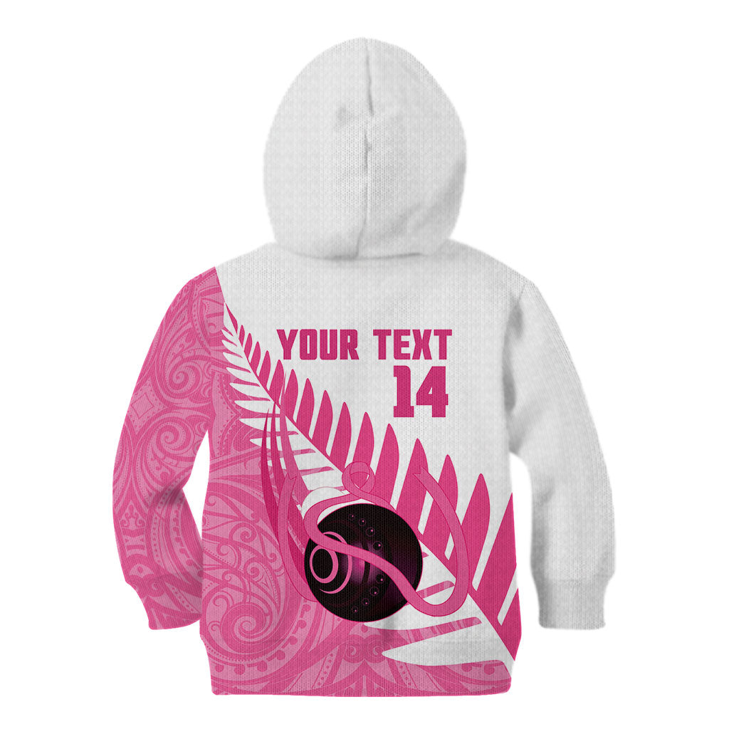 New Zealand Lawn Bowls Breast Cancer Custom Kid Hoodie Aotearoa Maori Silver Fern Pink Ribbon