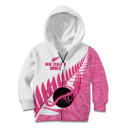 New Zealand Lawn Bowls Breast Cancer Custom Kid Hoodie Aotearoa Maori Silver Fern Pink Ribbon