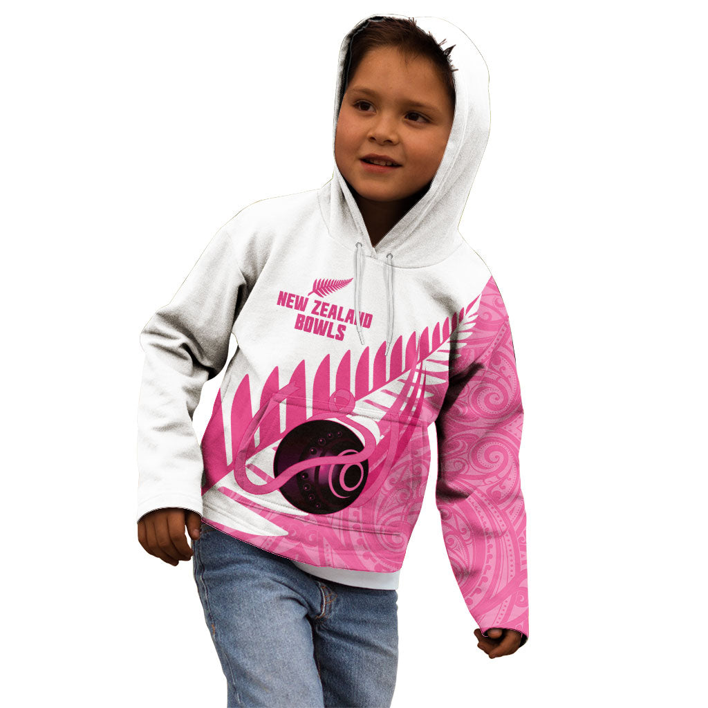 New Zealand Lawn Bowls Breast Cancer Custom Kid Hoodie Aotearoa Maori Silver Fern Pink Ribbon