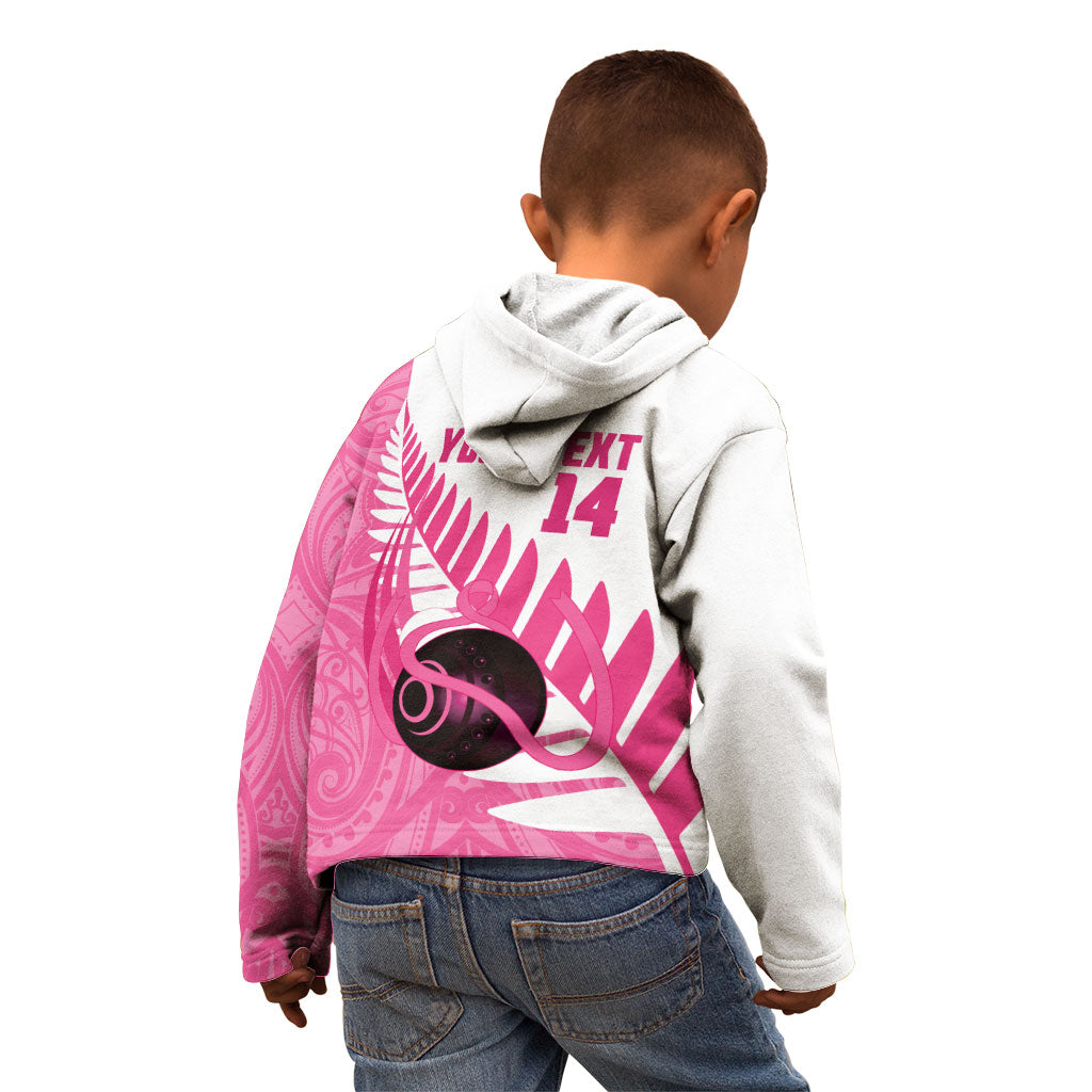 New Zealand Lawn Bowls Breast Cancer Custom Kid Hoodie Aotearoa Maori Silver Fern Pink Ribbon