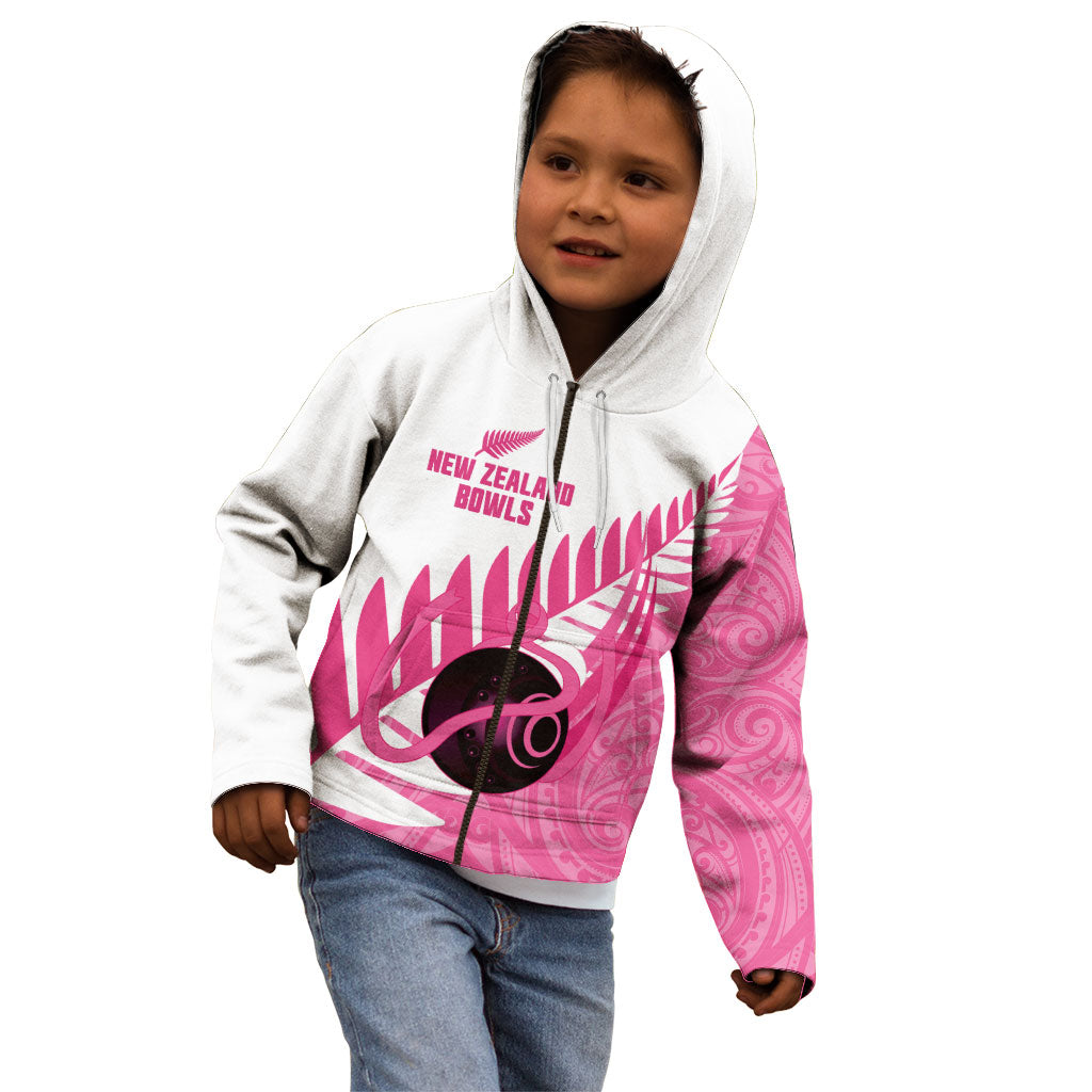 New Zealand Lawn Bowls Breast Cancer Custom Kid Hoodie Aotearoa Maori Silver Fern Pink Ribbon