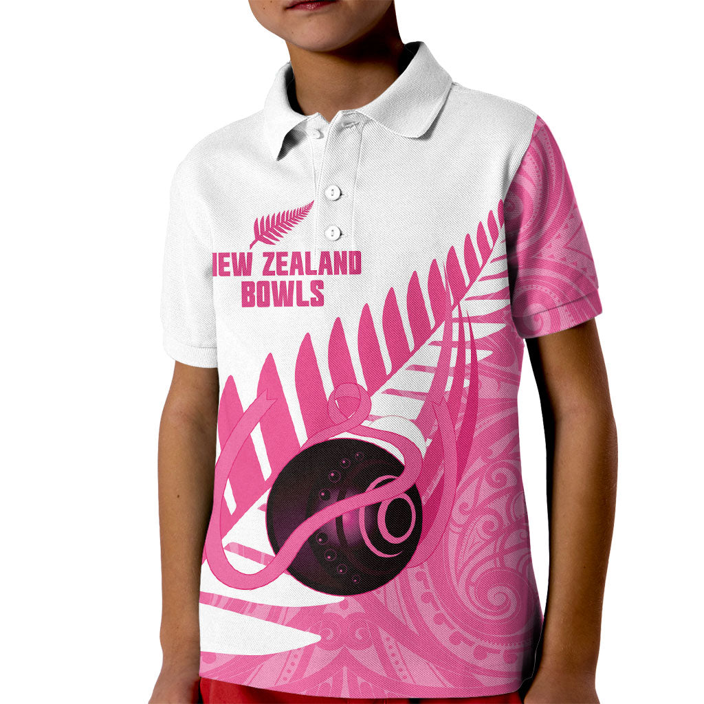 New Zealand Lawn Bowls Breast Cancer Custom Kid Polo Shirt Aotearoa Maori Silver Fern Pink Ribbon