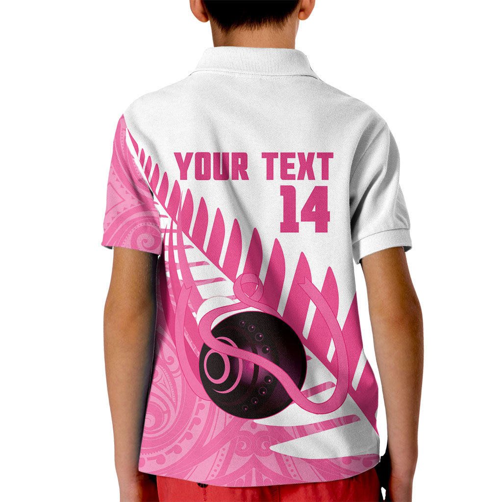 New Zealand Lawn Bowls Breast Cancer Custom Kid Polo Shirt Aotearoa Maori Silver Fern Pink Ribbon
