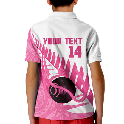 New Zealand Lawn Bowls Breast Cancer Custom Kid Polo Shirt Aotearoa Maori Silver Fern Pink Ribbon