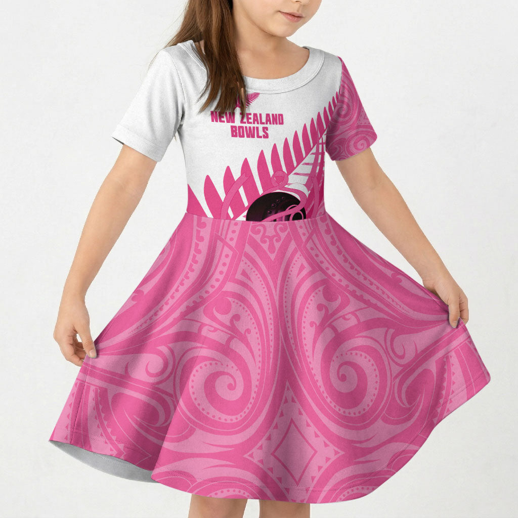 New Zealand Lawn Bowls Breast Cancer Custom Kid Short Sleeve Dress Aotearoa Maori Silver Fern Pink Ribbon