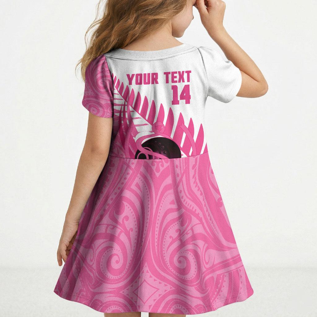 New Zealand Lawn Bowls Breast Cancer Custom Kid Short Sleeve Dress Aotearoa Maori Silver Fern Pink Ribbon