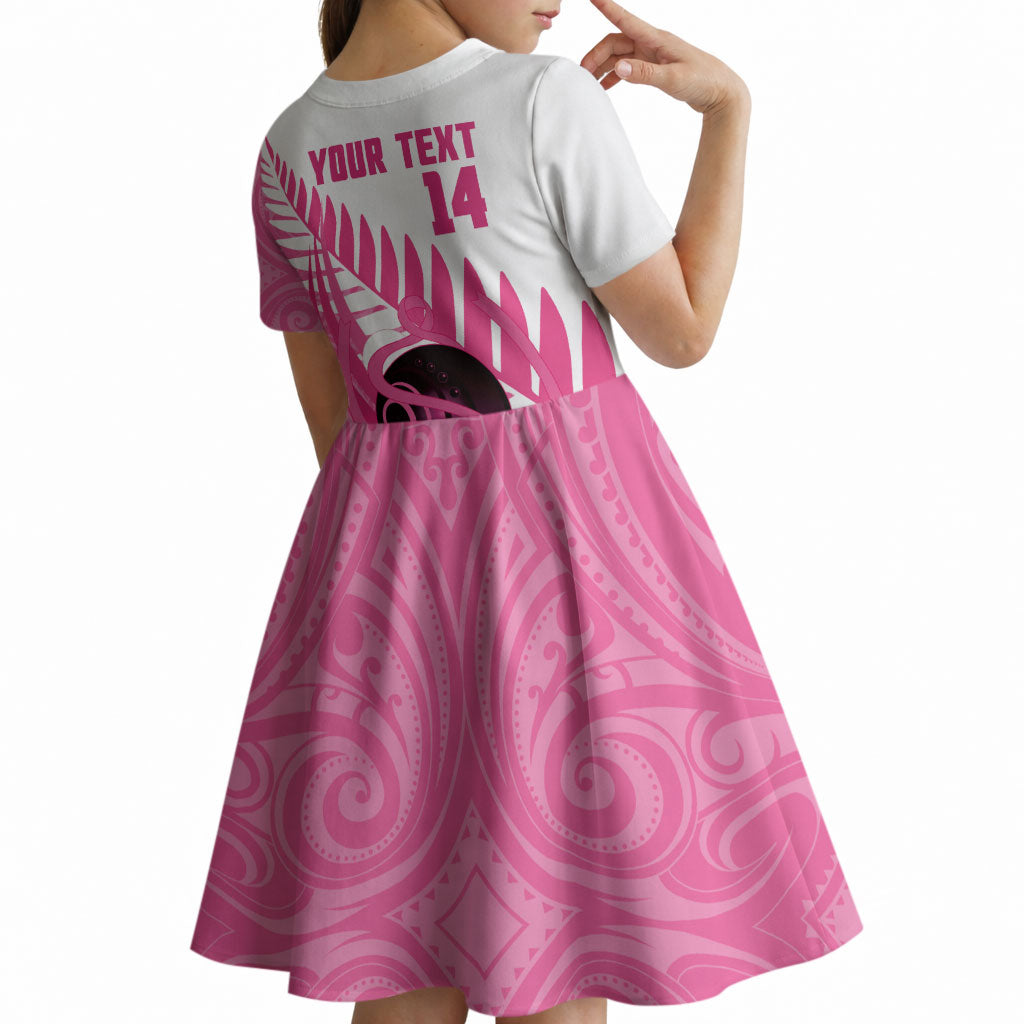 New Zealand Lawn Bowls Breast Cancer Custom Kid Short Sleeve Dress Aotearoa Maori Silver Fern Pink Ribbon