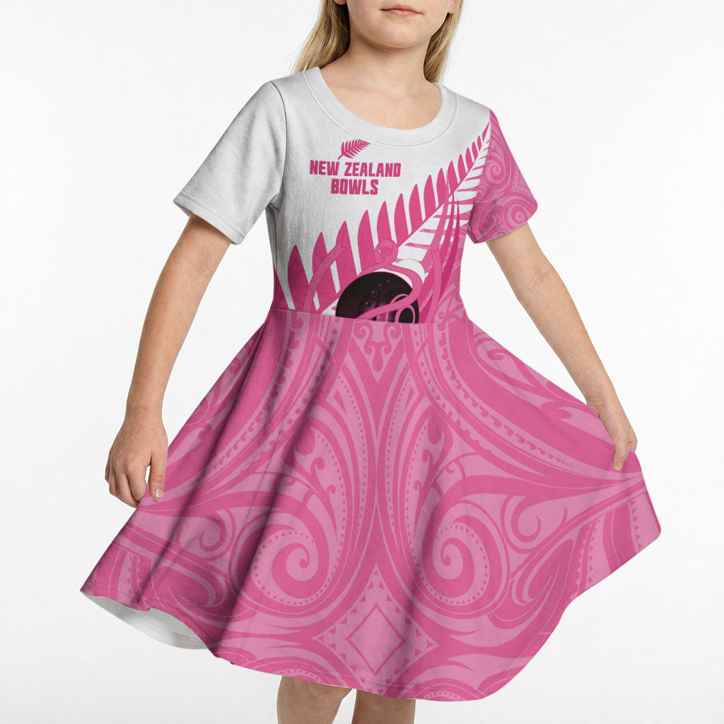 New Zealand Lawn Bowls Breast Cancer Custom Kid Short Sleeve Dress Aotearoa Maori Silver Fern Pink Ribbon
