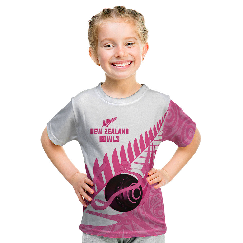 New Zealand Lawn Bowls Breast Cancer Custom Kid T Shirt Aotearoa Maori Silver Fern Pink Ribbon