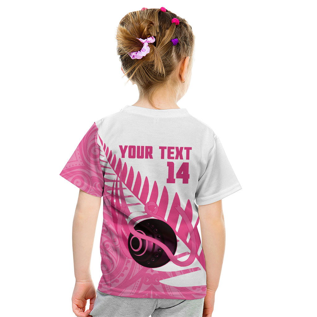 New Zealand Lawn Bowls Breast Cancer Custom Kid T Shirt Aotearoa Maori Silver Fern Pink Ribbon