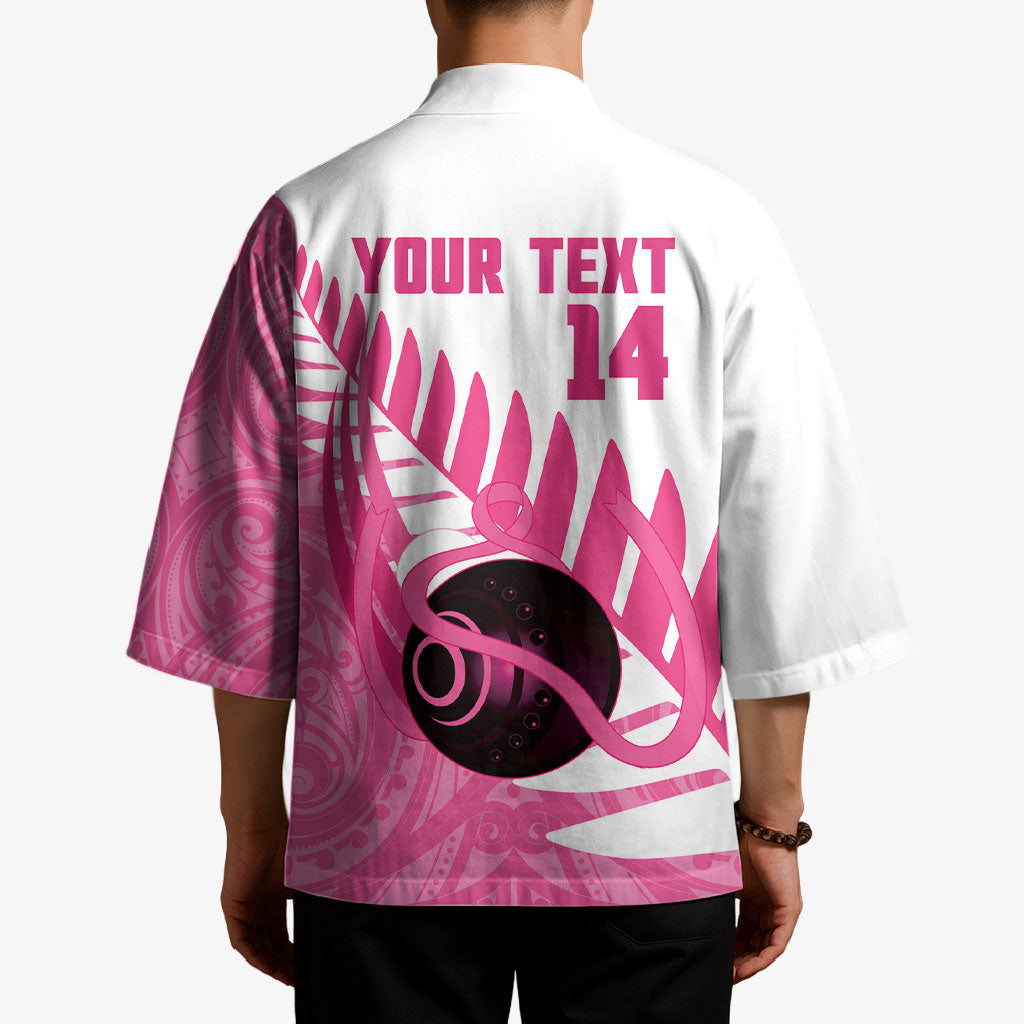 New Zealand Lawn Bowls Breast Cancer Custom Kimono Aotearoa Maori Silver Fern Pink Ribbon