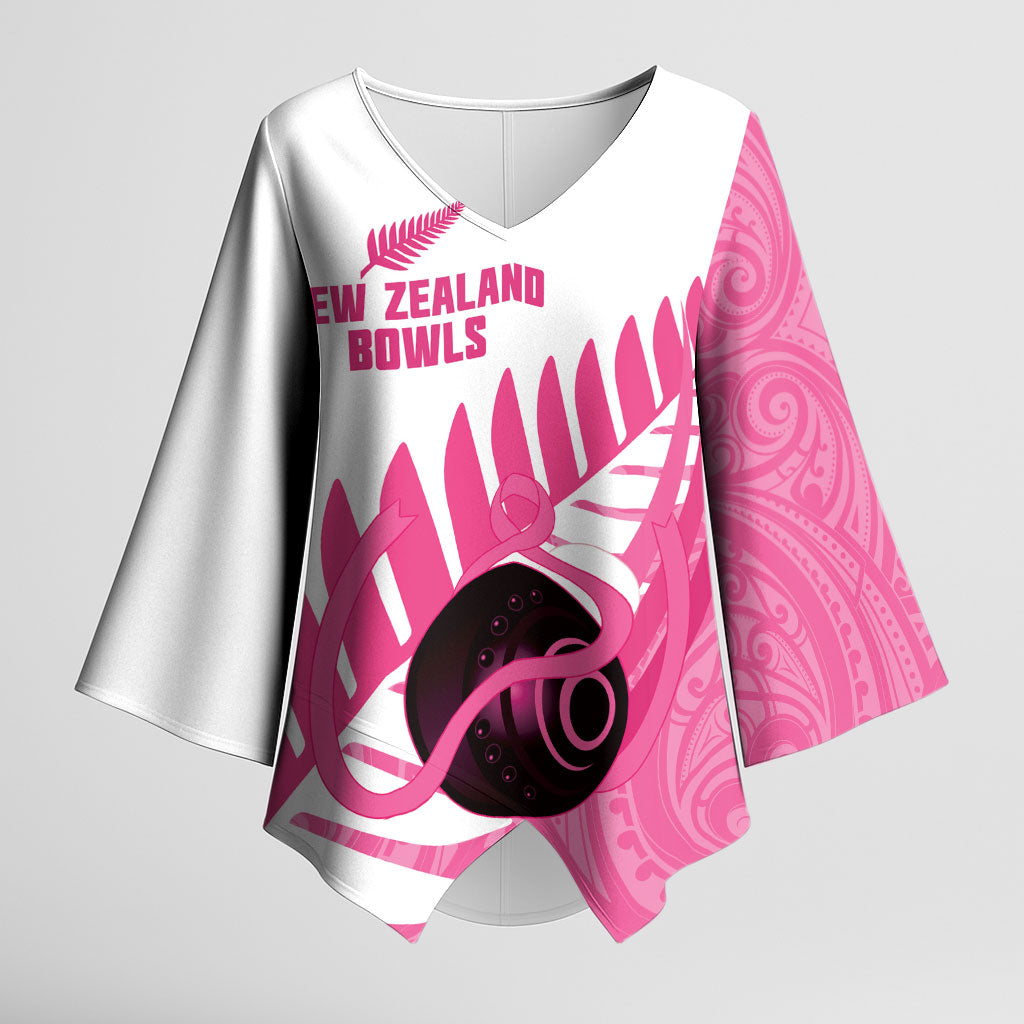 New Zealand Lawn Bowls Breast Cancer Custom Kimono Sleeve Blouse Aotearoa Maori Silver Fern Pink Ribbon
