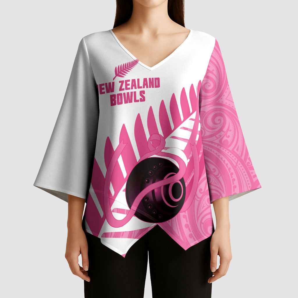 New Zealand Lawn Bowls Breast Cancer Custom Kimono Sleeve Blouse Aotearoa Maori Silver Fern Pink Ribbon