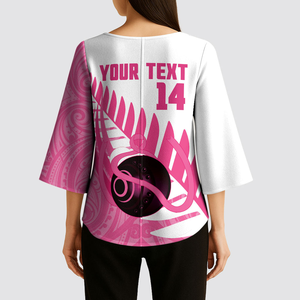 New Zealand Lawn Bowls Breast Cancer Custom Kimono Sleeve Blouse Aotearoa Maori Silver Fern Pink Ribbon