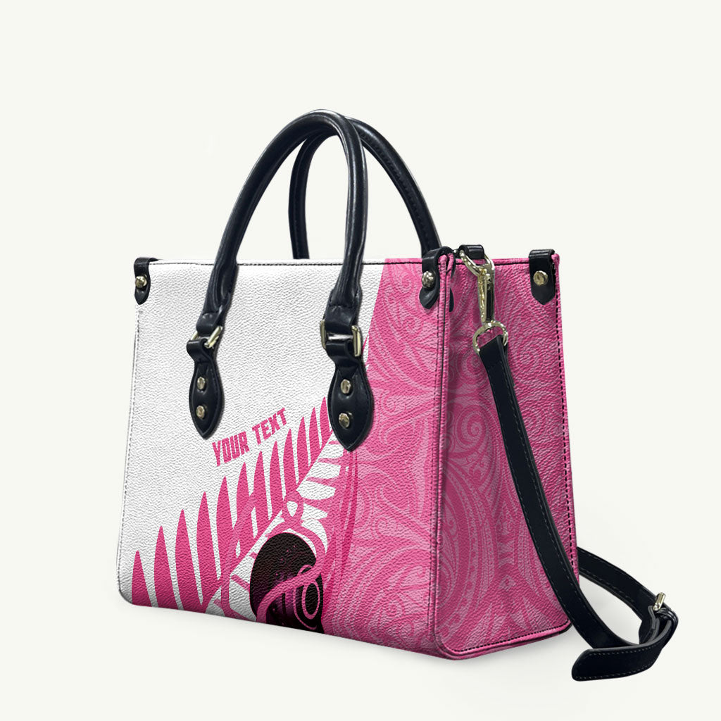 New Zealand Lawn Bowls Breast Cancer Custom Leather Bag Aotearoa Maori Silver Fern Pink Ribbon