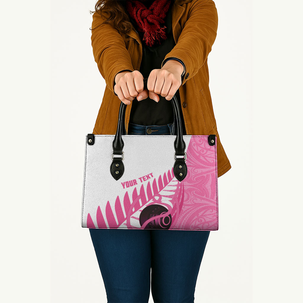New Zealand Lawn Bowls Breast Cancer Custom Leather Bag Aotearoa Maori Silver Fern Pink Ribbon