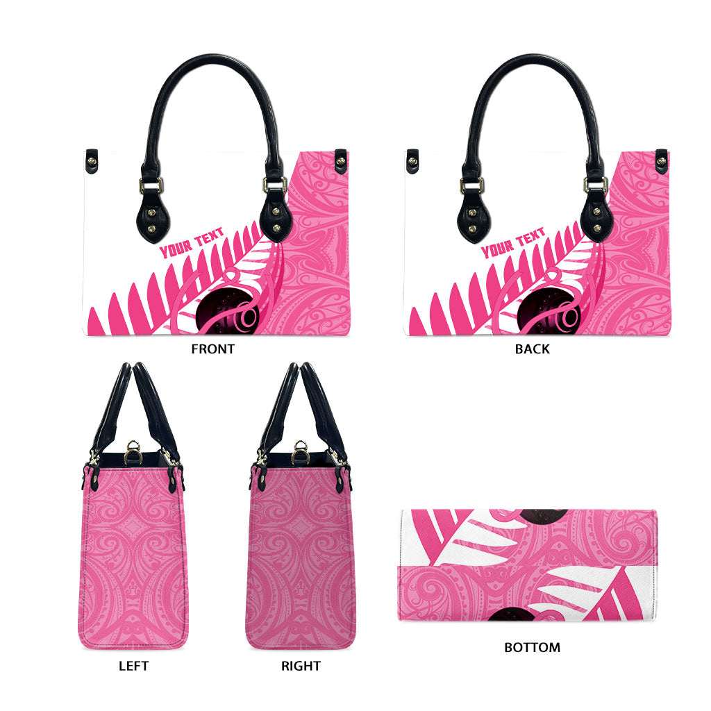 New Zealand Lawn Bowls Breast Cancer Custom Leather Bag Aotearoa Maori Silver Fern Pink Ribbon
