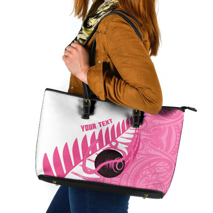 New Zealand Lawn Bowls Breast Cancer Custom Leather Tote Bag Aotearoa Maori Silver Fern Pink Ribbon