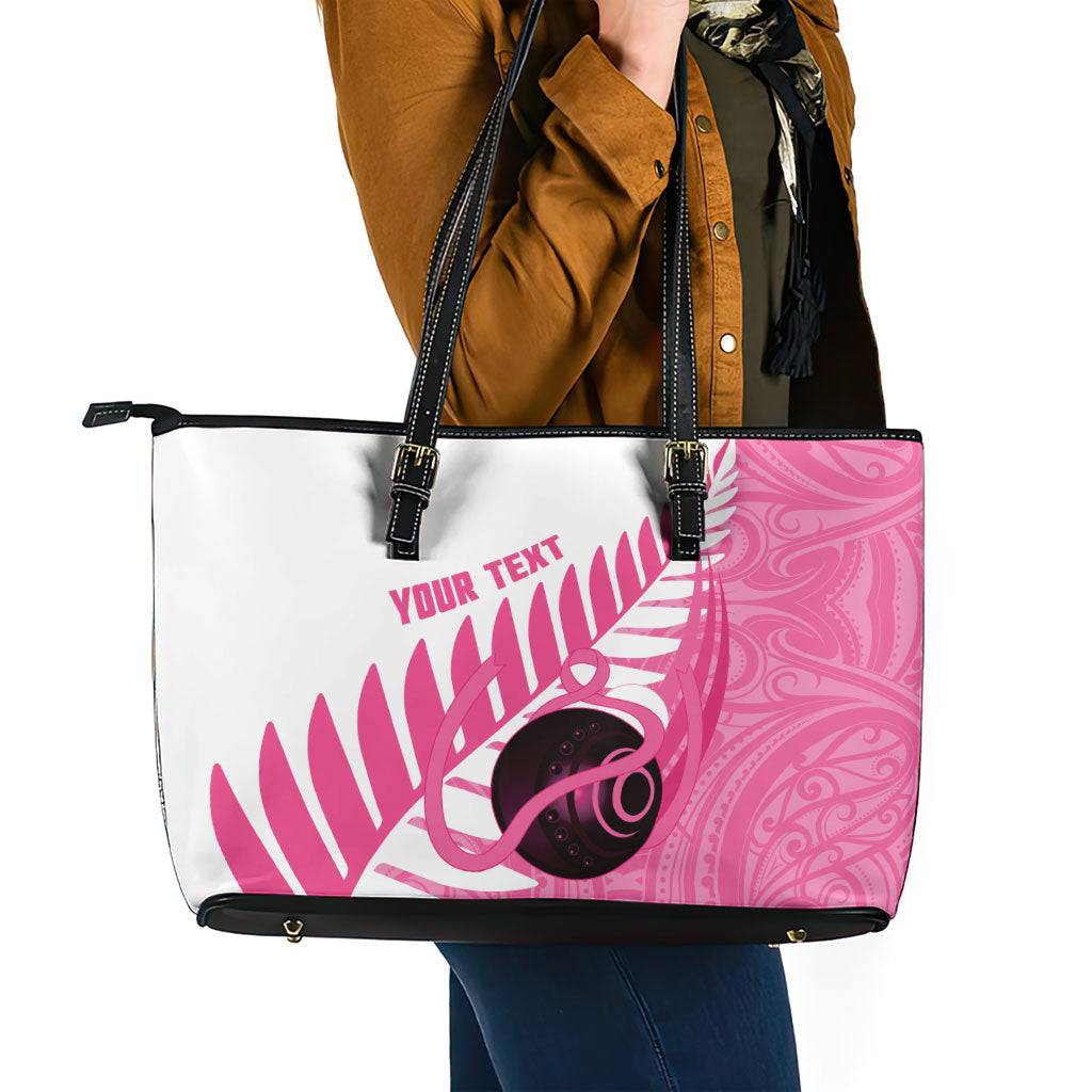 New Zealand Lawn Bowls Breast Cancer Custom Leather Tote Bag Aotearoa Maori Silver Fern Pink Ribbon