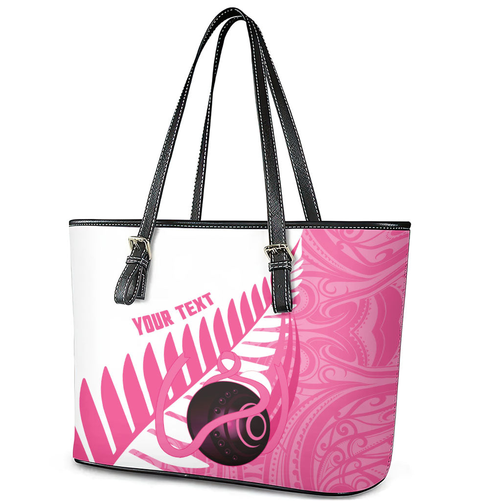 New Zealand Lawn Bowls Breast Cancer Custom Leather Tote Bag Aotearoa Maori Silver Fern Pink Ribbon