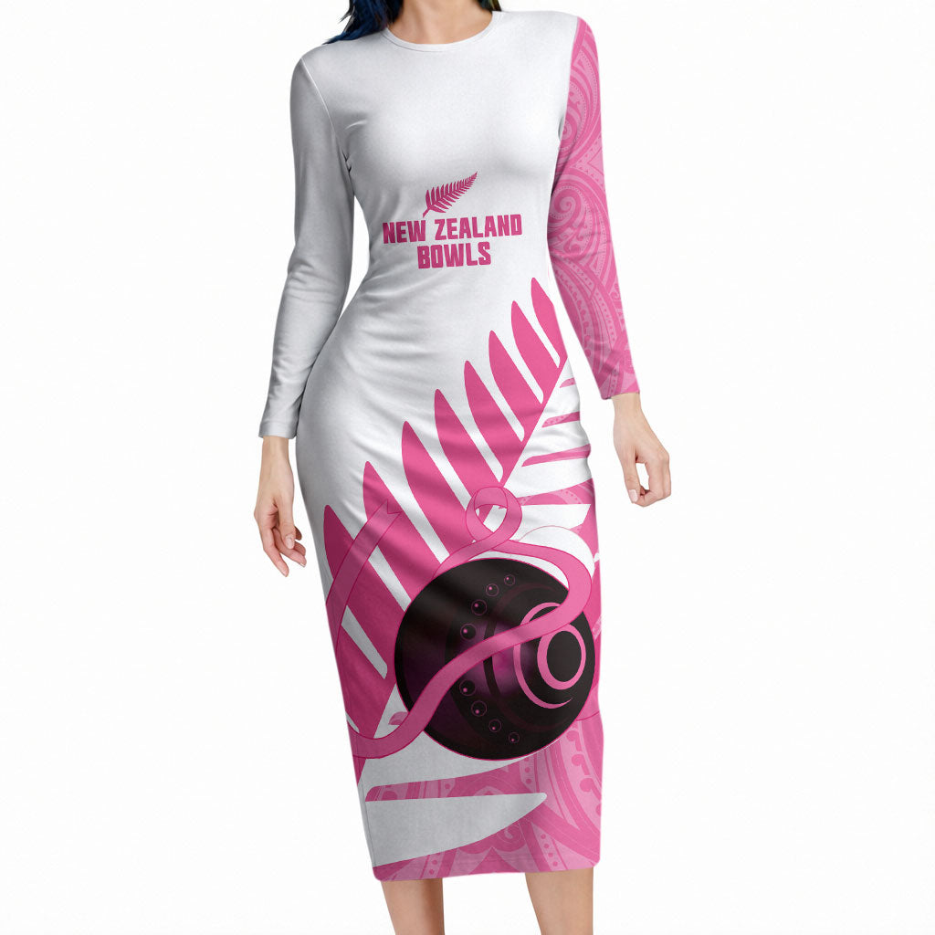 New Zealand Lawn Bowls Breast Cancer Custom Long Sleeve Bodycon Dress Aotearoa Maori Silver Fern Pink Ribbon