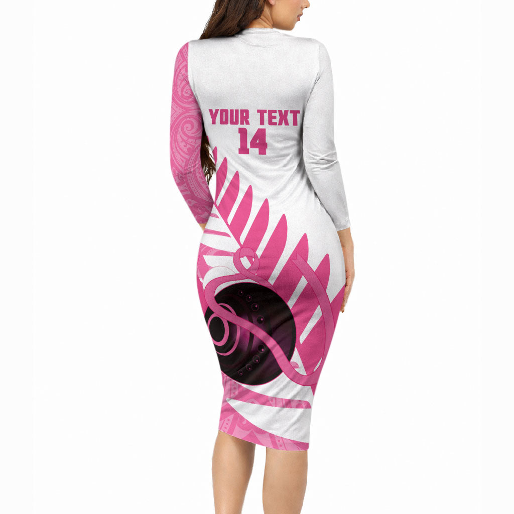 New Zealand Lawn Bowls Breast Cancer Custom Long Sleeve Bodycon Dress Aotearoa Maori Silver Fern Pink Ribbon