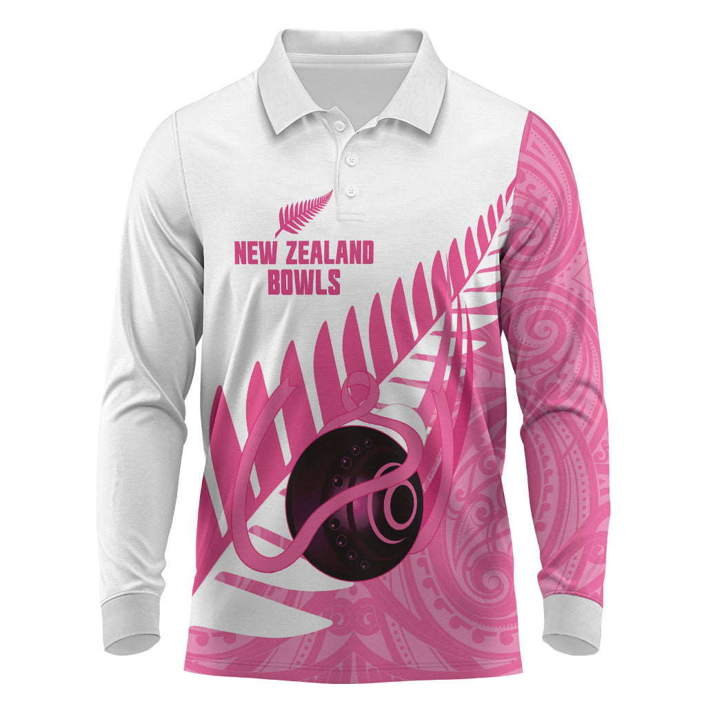 New Zealand Lawn Bowls Breast Cancer Custom Long Sleeve Polo Shirt Aotearoa Maori Silver Fern Pink Ribbon