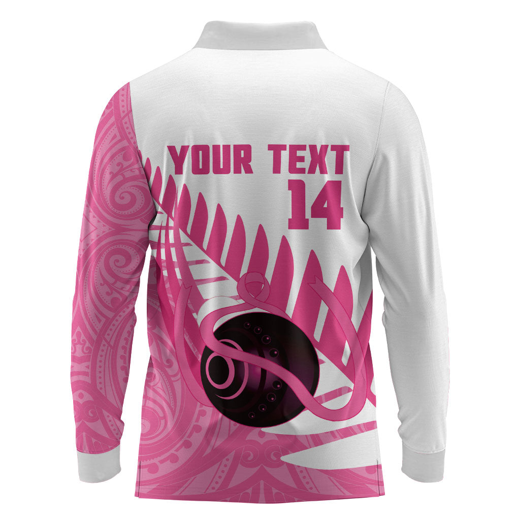 New Zealand Lawn Bowls Breast Cancer Custom Long Sleeve Polo Shirt Aotearoa Maori Silver Fern Pink Ribbon