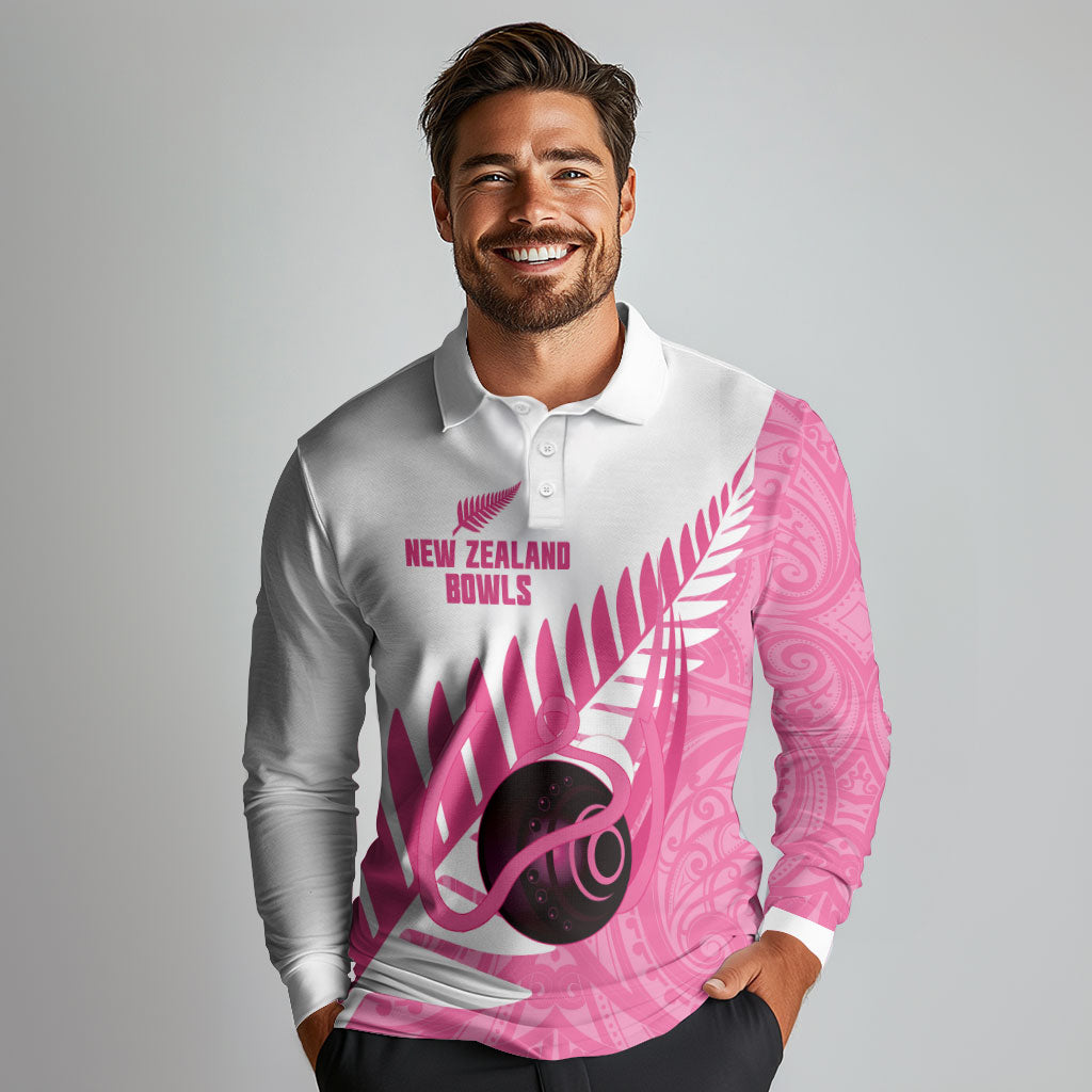 New Zealand Lawn Bowls Breast Cancer Custom Long Sleeve Polo Shirt Aotearoa Maori Silver Fern Pink Ribbon