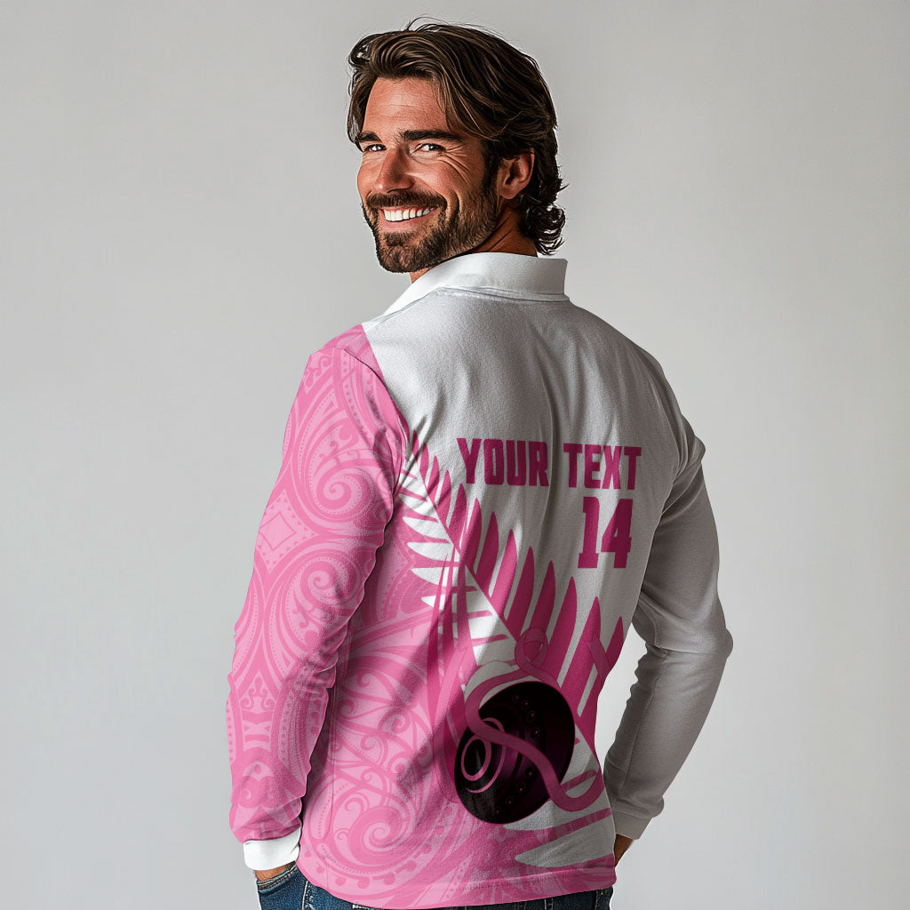 New Zealand Lawn Bowls Breast Cancer Custom Long Sleeve Polo Shirt Aotearoa Maori Silver Fern Pink Ribbon