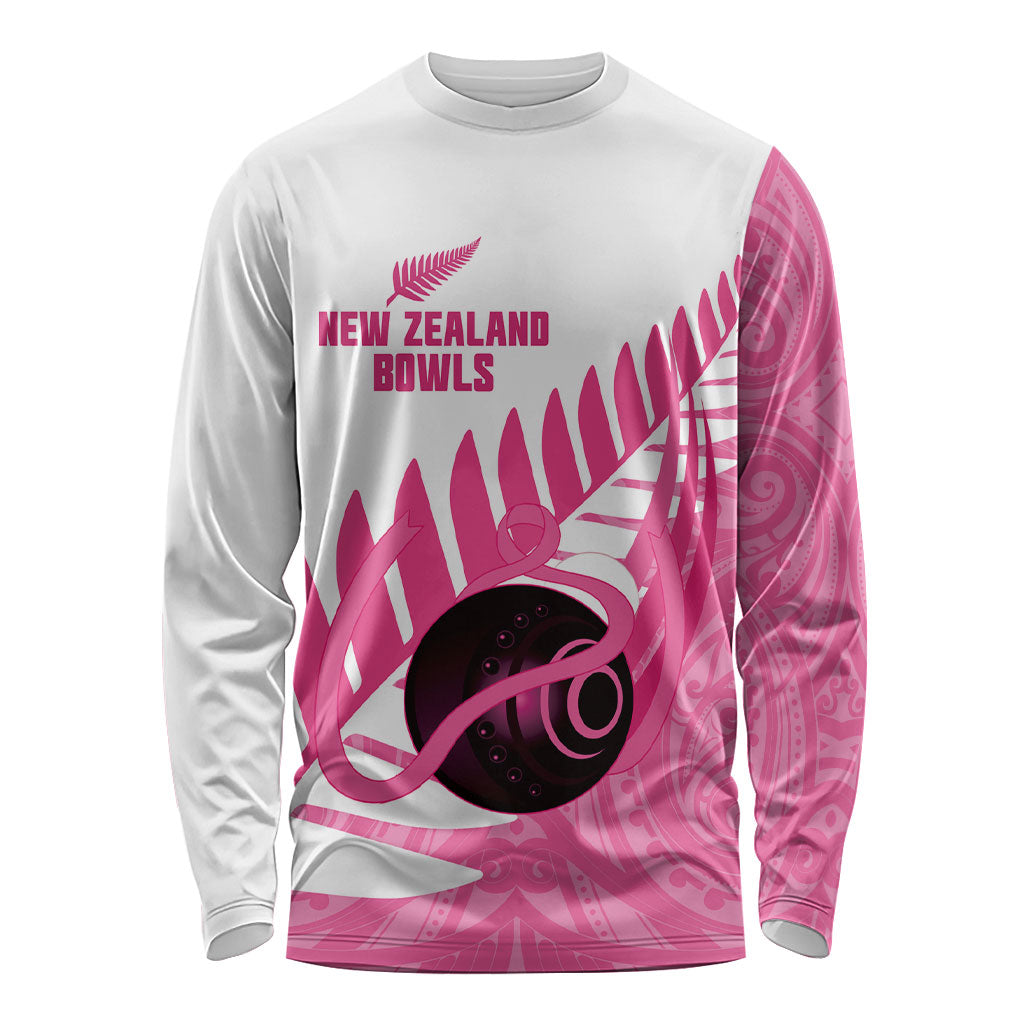 New Zealand Lawn Bowls Breast Cancer Custom Long Sleeve Shirt Aotearoa Maori Silver Fern Pink Ribbon